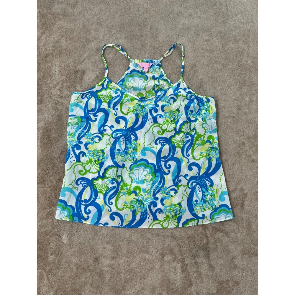 Lilly Pulitzer Florin Tank Top Women M Blue Green Shell Silk Camisole 74551